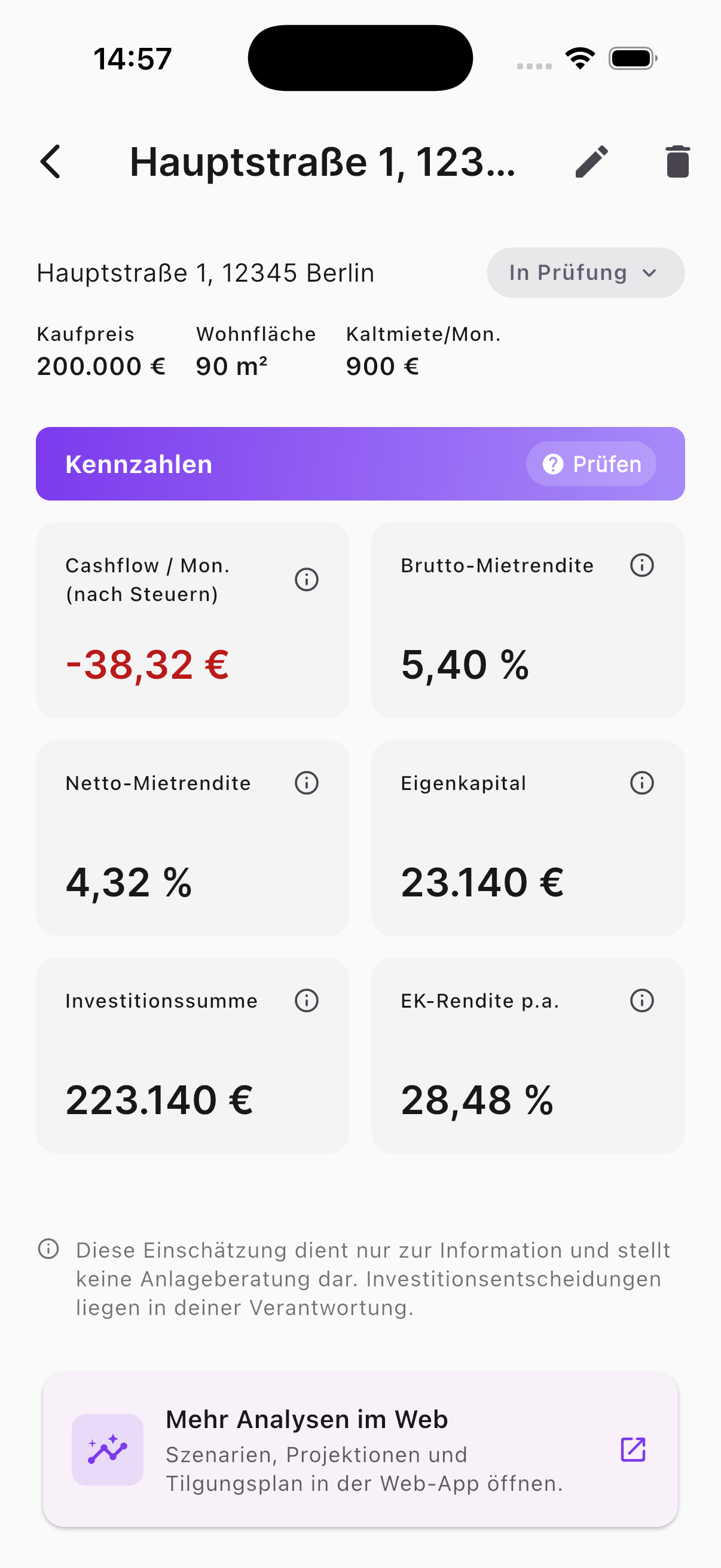 checkmeineimmo iOS App: Detailansicht einer Immobilie mit Kennzahlen