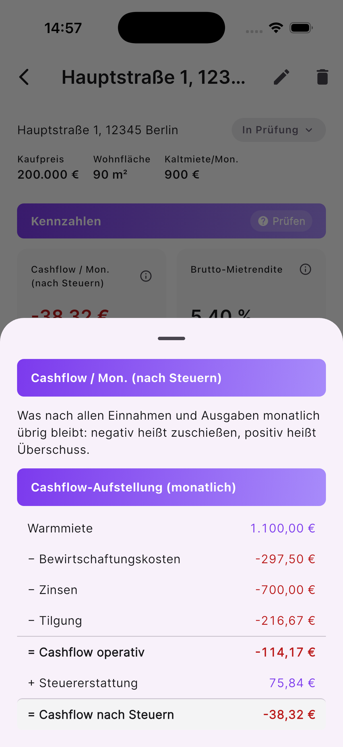 checkmeineimmo iOS App: Cashflow-Projektion über die Haltedauer