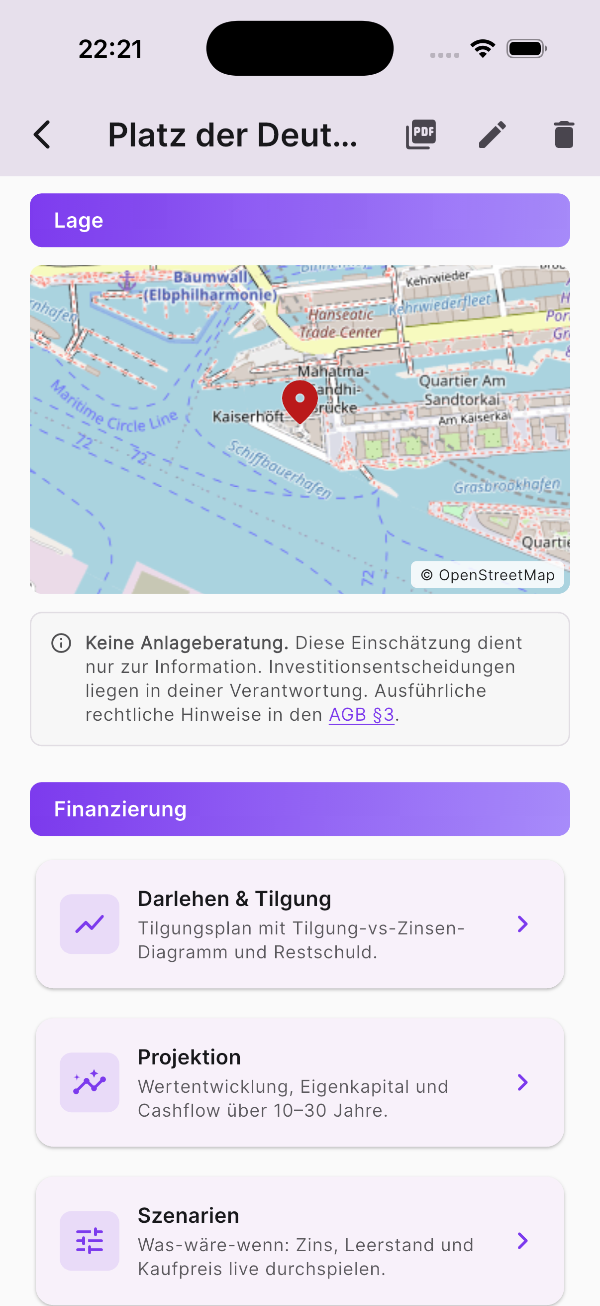 checkmeineimmo iOS App: Lage der Immobilie auf der Karte und Finanzierungsübersicht